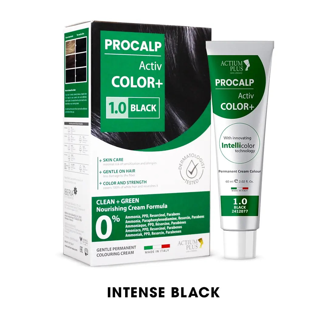 Actium Plus PROCALP Activ Color+ | (1.0-Black) | Long-lasting Permanent Hair Color | Dermatologist-tested | For Men/ Women