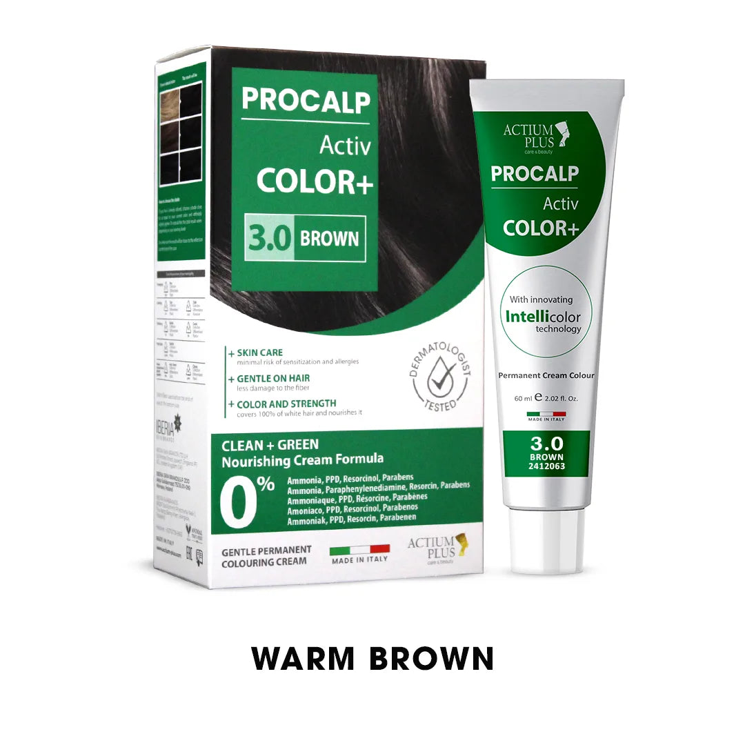 Actium Plus PROCALP Activ Color+ | (3.0-BROWN) | Long-lasting Permanent Hair Color | Dermatologist-tested | For Men/ Women