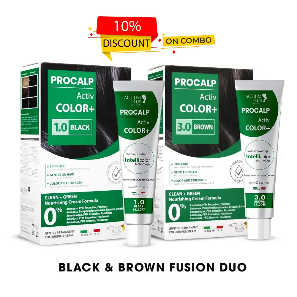 Actium Plus PROCALP Activ Color+ (Black1.0 + Brown3.0) Black & Brown Fusion Duo | Long-lasting Permanent Hair Color | For Men & Women